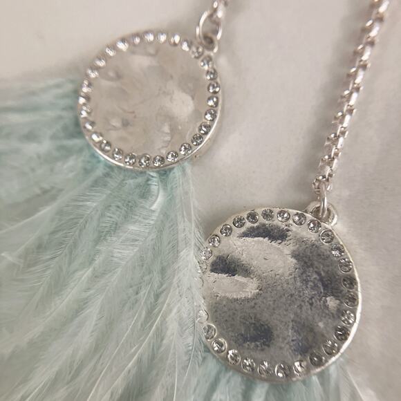 VTG Signed Carol Dauplaise Necklace Silver Tone Light Blue Feathers, Y2K Boho - Picture 5 of 9